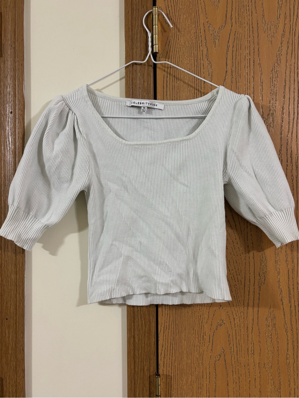 Celebrity Pink Cream Ribbed Puff-Sleeve Square Neck Top